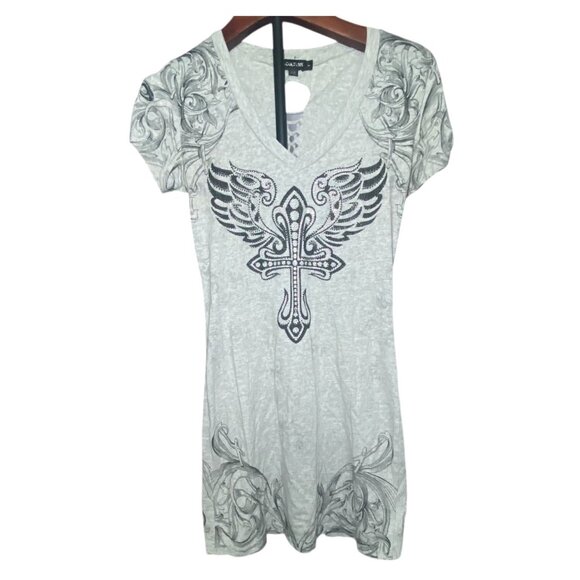 Laculture Angel Wing Cross Y2K Goth Grunge Short Sleeve VNeck Bodycon Mini Dress - Picture 1 of 8